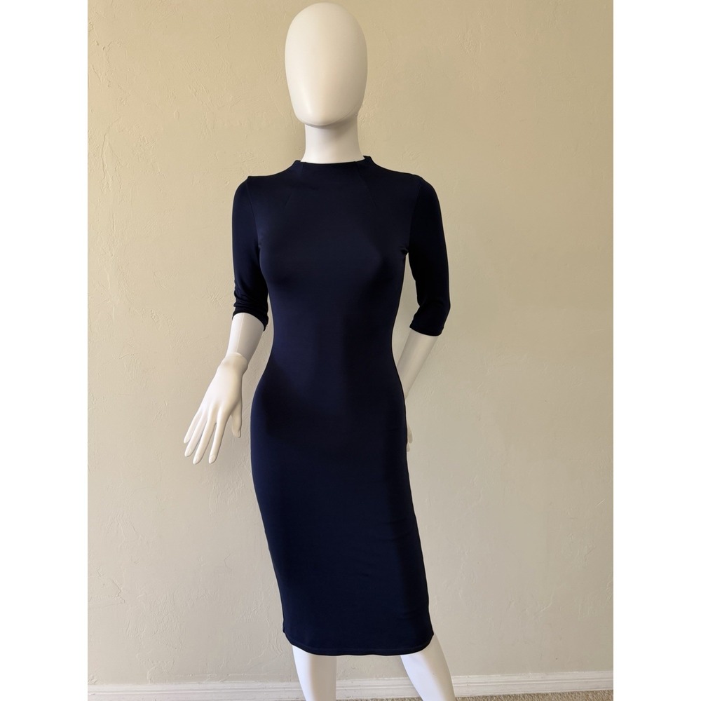 Alice + Olivia Knit Bodycon Dress 3/4 Sleeve Navy Blue Midi Crew Neck size S